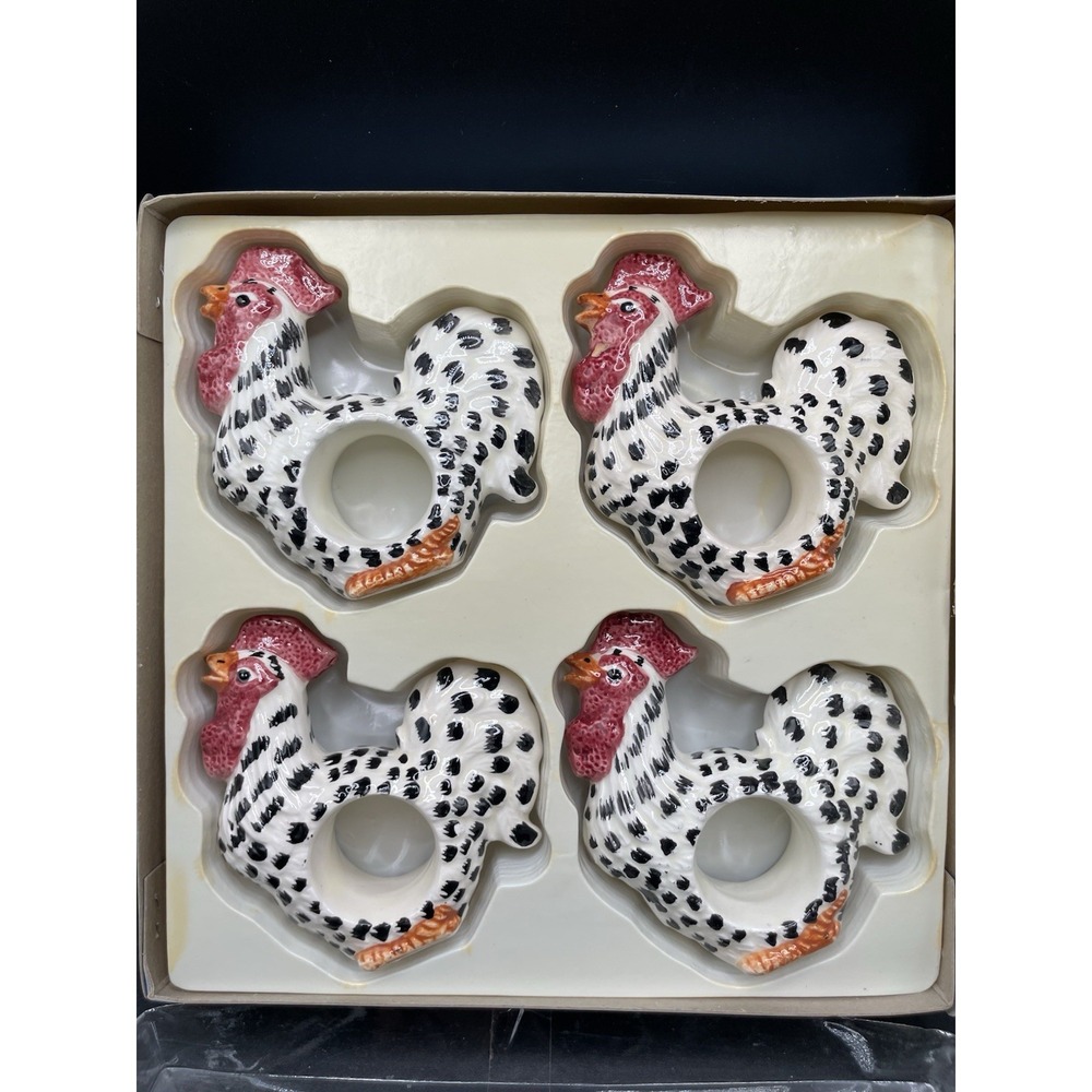 Hand Painted Rooster Ceramic Napkin Holders 4 Farmhouse Whimsical With Box